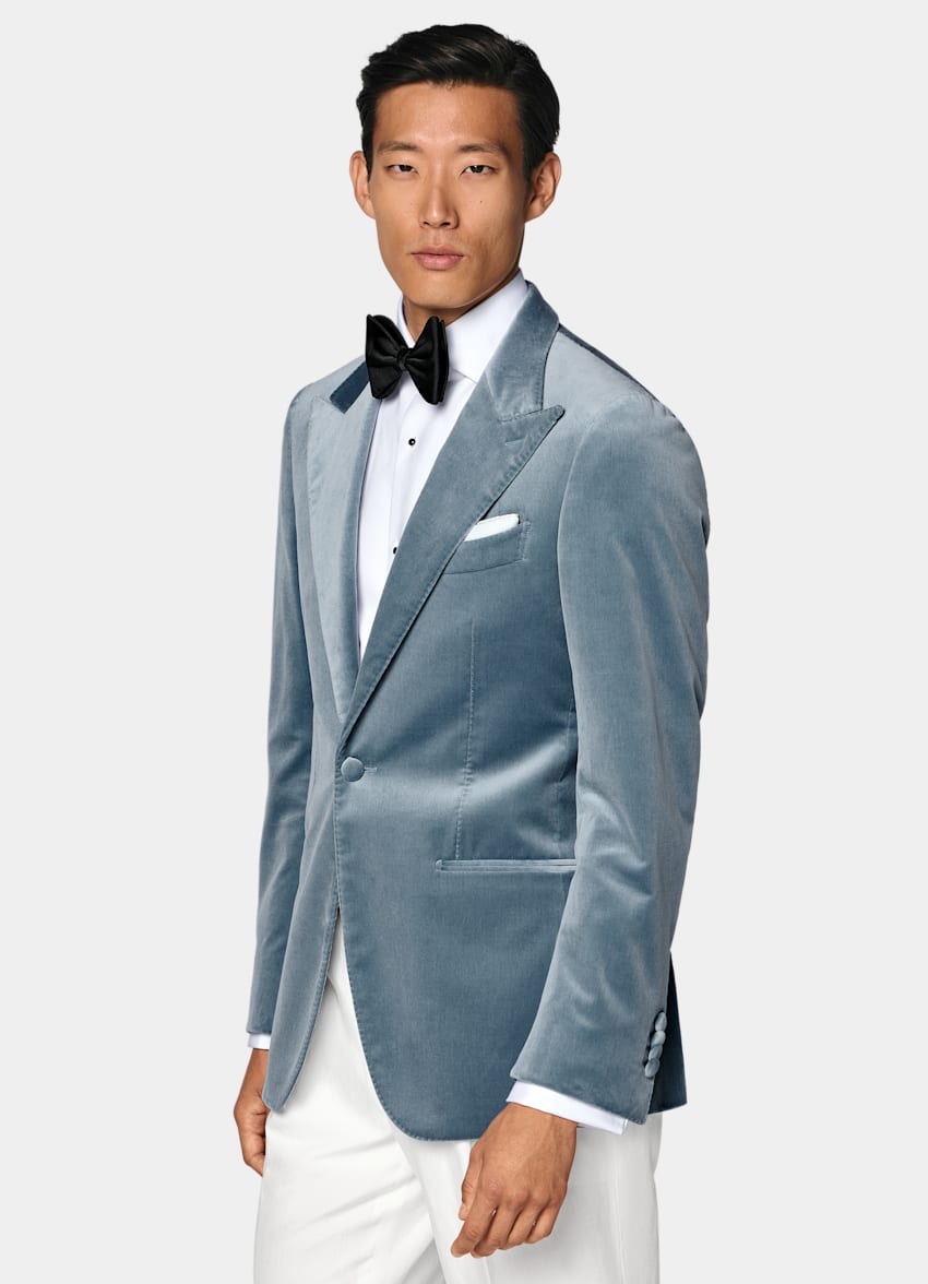 SUITSUPPLY All Season Stretch Cotton Velvet de Pontoglio, Italia Light Blue Tailored Fit Havana Dinner Jacket