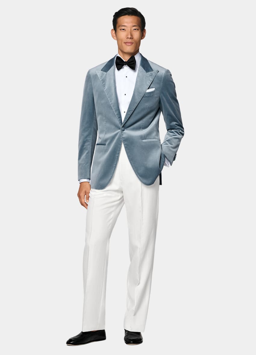 SUITSUPPLY All Season Stretch Cotton Velvet de Pontoglio, Italia Light Blue Tailored Fit Havana Dinner Jacket