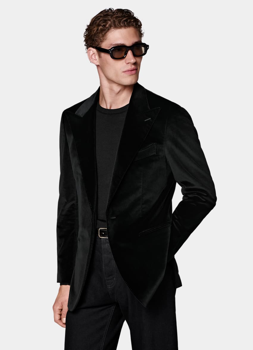 SUITSUPPLY All Season Stretch Cotton Velvet by Pontoglio, Italy Black Tailored Fit Havana Dinner Jacket