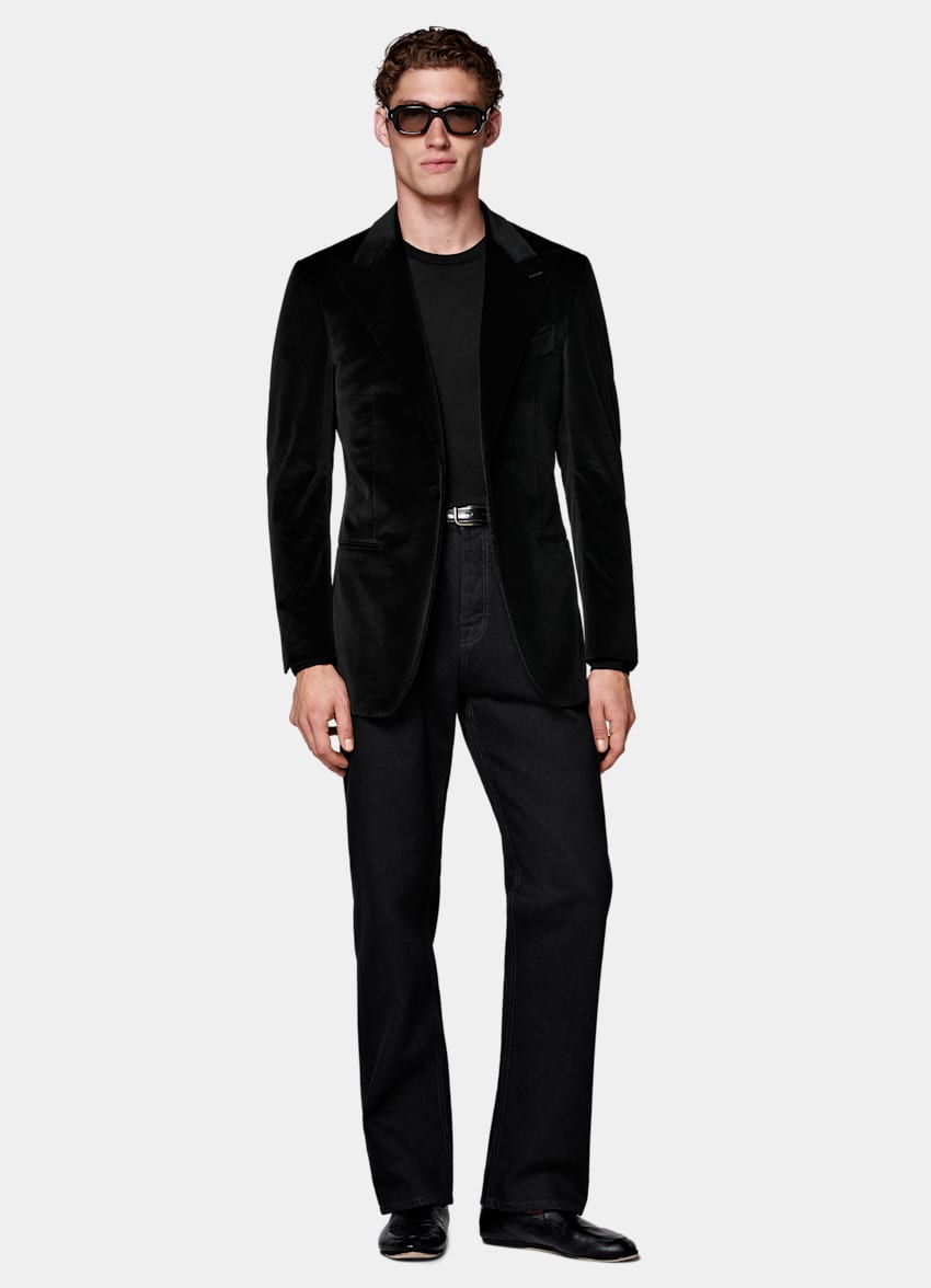 SUITSUPPLY All Season Stretch Cotton Velvet by Pontoglio, Italy Black Tailored Fit Havana Dinner Jacket