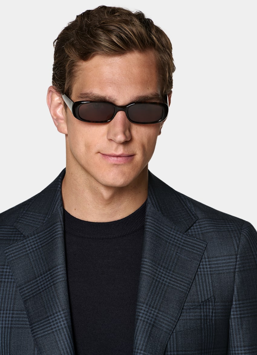 SUITSUPPLY All Season Pure Wool by Delfino, Italy Navy Checked Tailored Fit Havana Blazer