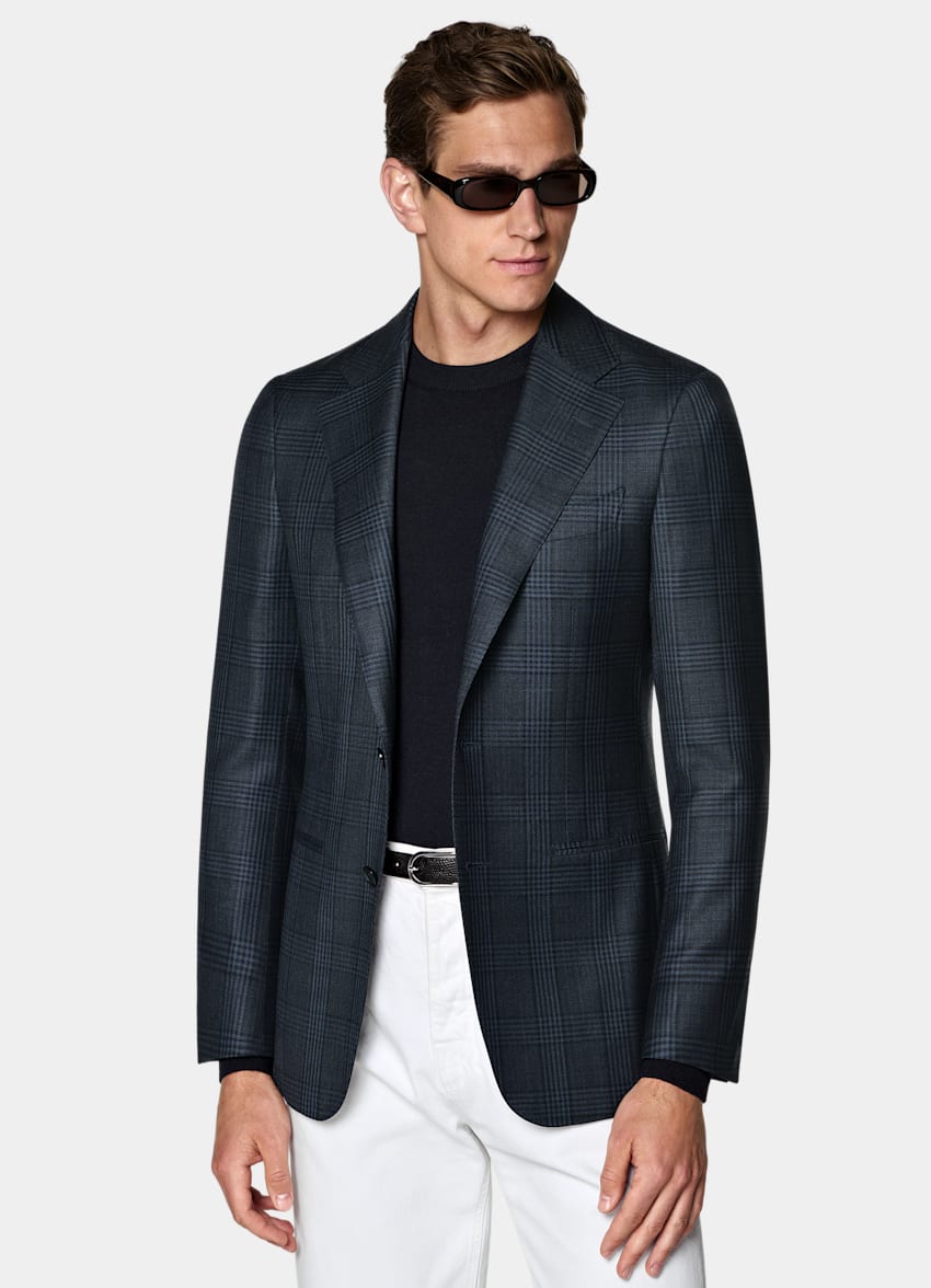 SUITSUPPLY All Season Pure Wool by Delfino, Italy Navy Checked Tailored Fit Havana Blazer