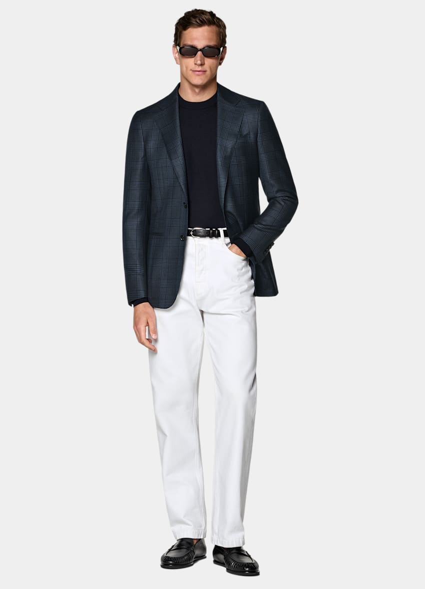 SUITSUPPLY All Season Pure Wool by Delfino, Italy Navy Checked Tailored Fit Havana Blazer