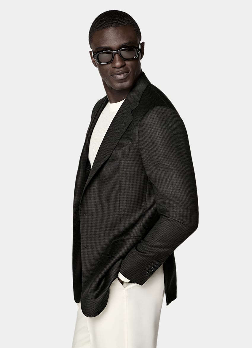 SUITSUPPLY Winter Wool Mohair by Delfino, Italy Dark Green Houndstooth Tailored Fit Milano Blazer