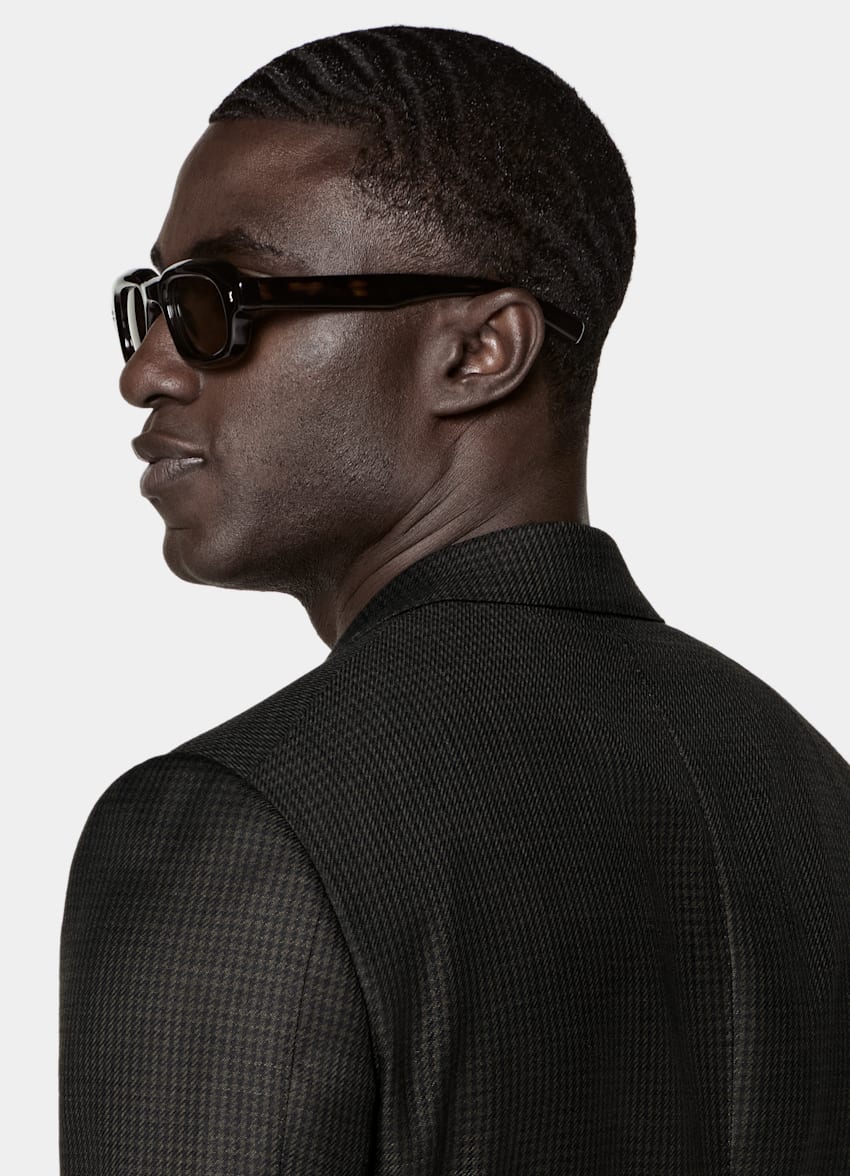 SUITSUPPLY Winter Wool Mohair by Delfino, Italy Dark Green Houndstooth Tailored Fit Milano Blazer