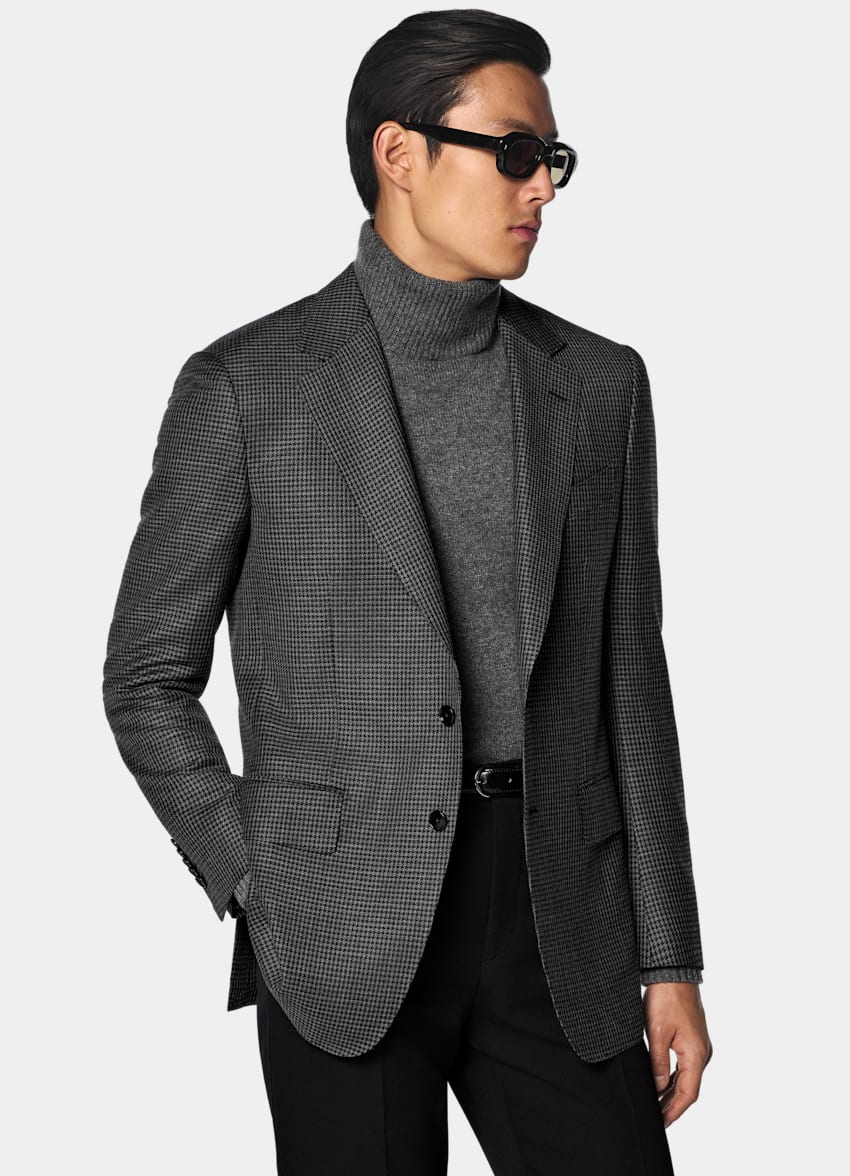 SUITSUPPLY Winter Wolle Mohair von Delfino, Italien Milano Sakko mittelgrau Hahnentrittmuster Tailored Fit