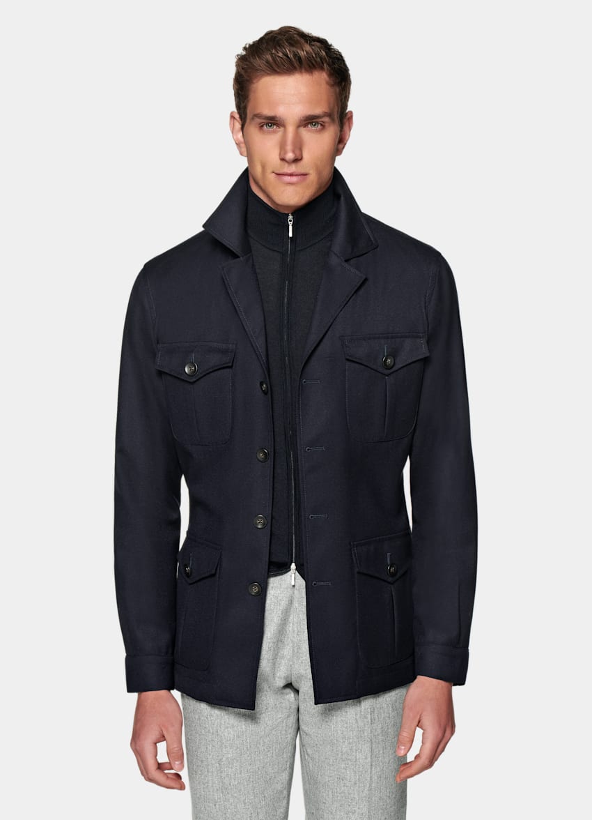 Navy Belted Safari Jacket | Pure Wool Flannel S120's Single Breasted ...
