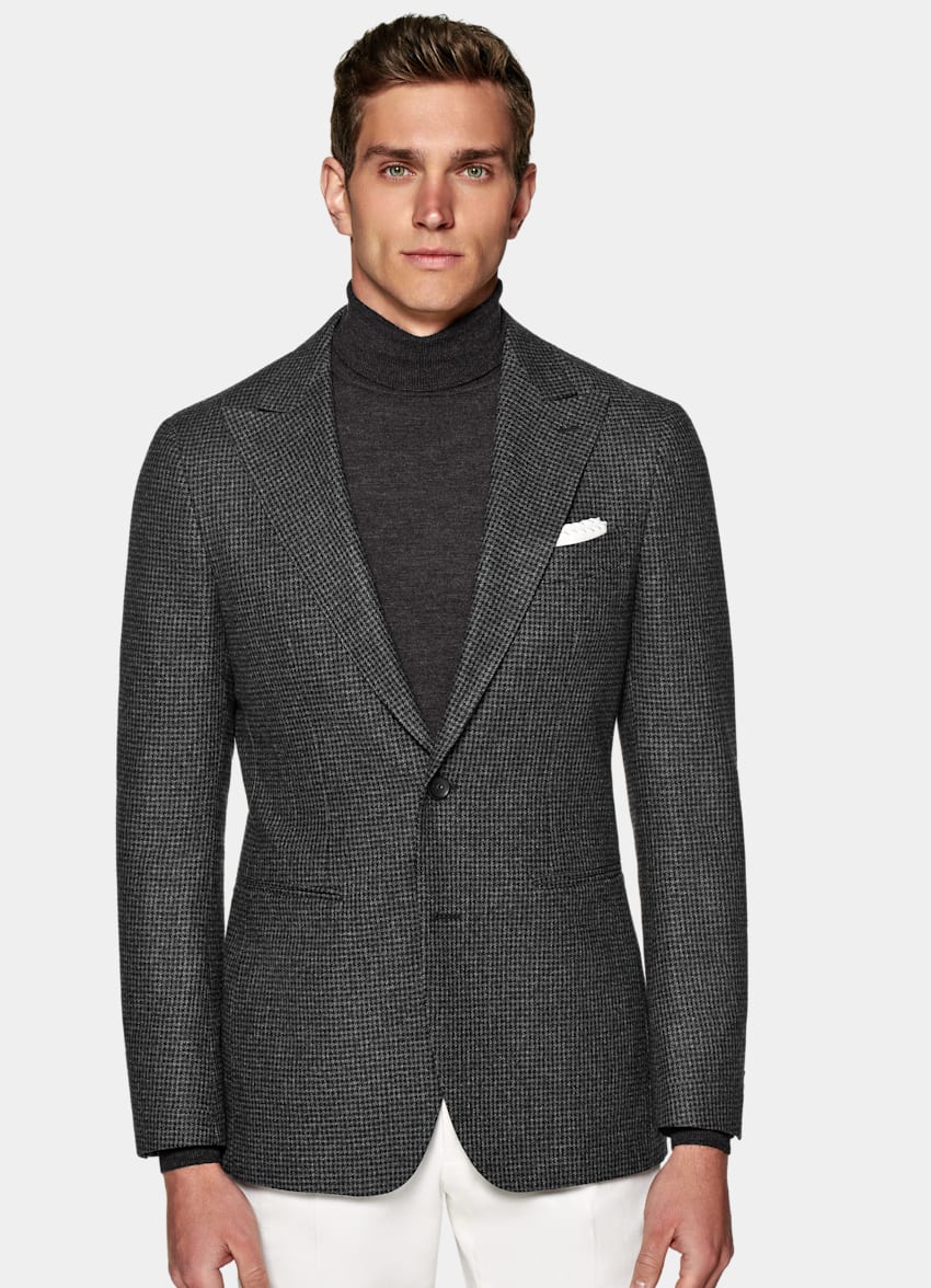 SUITSUPPLY Pure Wool by Marling & Evans, United Kingdom Dark Grey Houndstooth Tailored Fit Havana Blazer