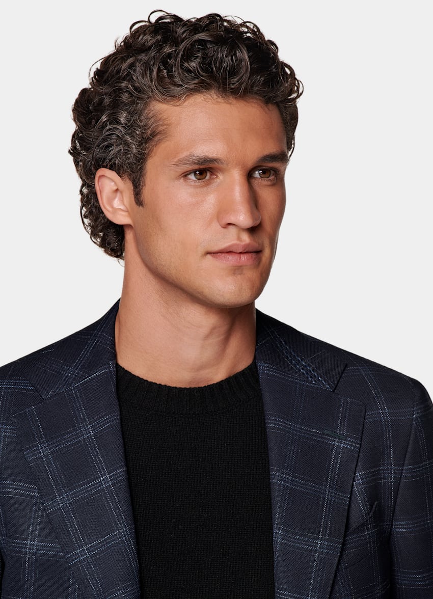 SUITSUPPLY Summer Stretch Wool Blend by Reda, Italy Navy Checked Tailored Fit Havana Blazer