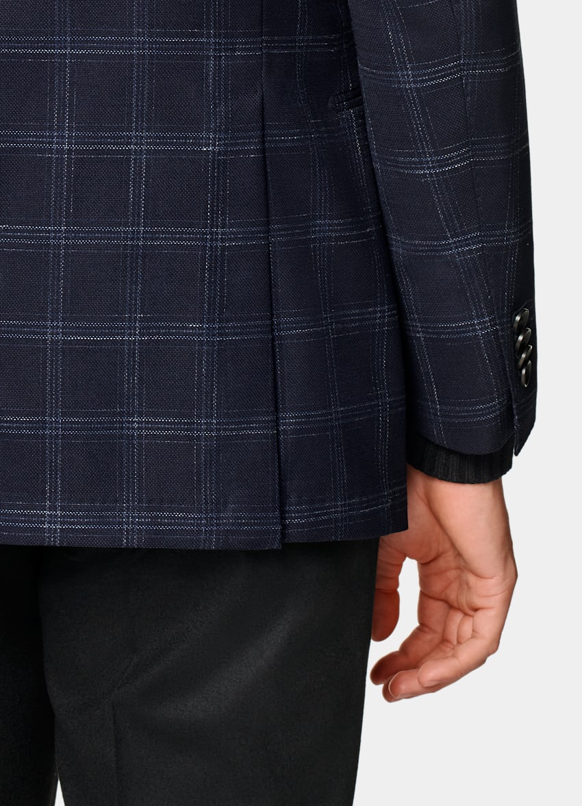 SUITSUPPLY Summer Stretch Wool Blend by Reda, Italy Navy Checked Tailored Fit Havana Blazer