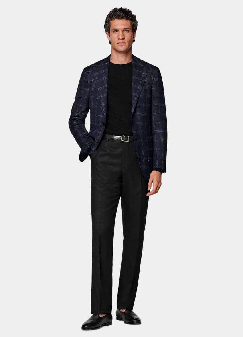 SUITSUPPLY Summer Stretch Wool Blend by Reda, Italy Navy Checked Tailored Fit Havana Blazer