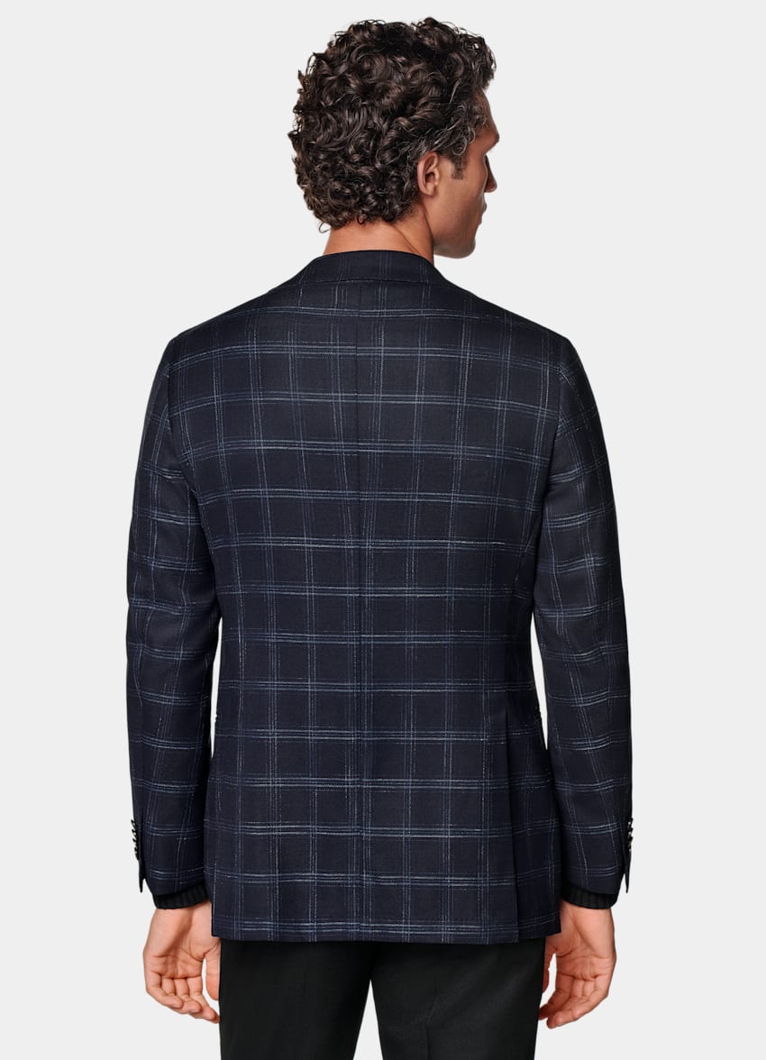 SUITSUPPLY Summer Stretch Wool Blend by Reda, Italy Navy Checked Tailored Fit Havana Blazer