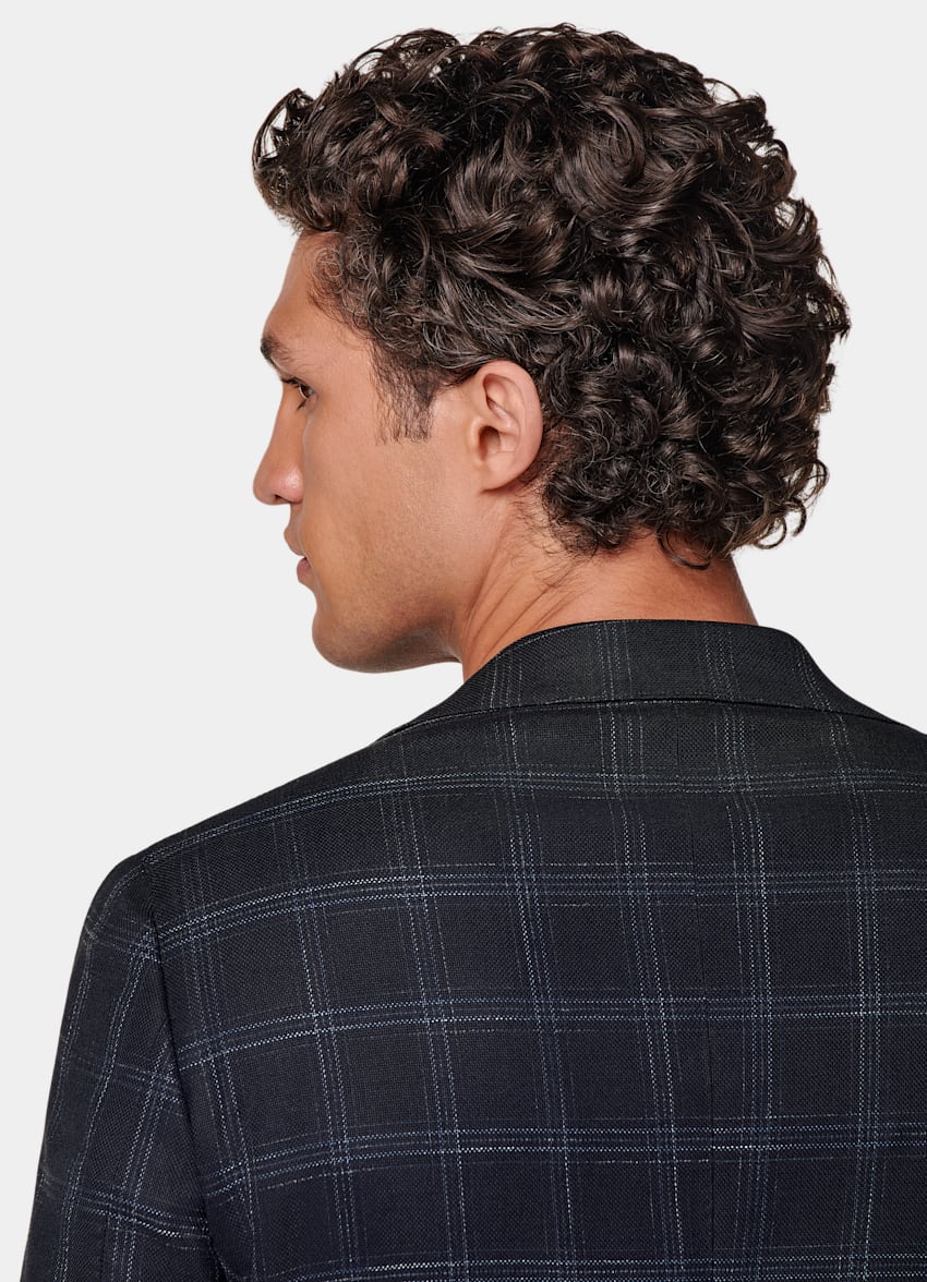 SUITSUPPLY Summer Stretch Wool Blend by Reda, Italy Navy Checked Tailored Fit Havana Blazer