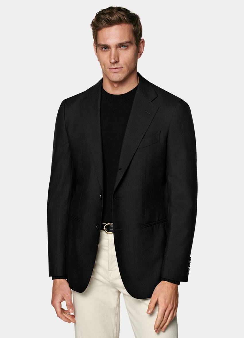 SUITSUPPLY All Season Pure 4-Ply Traveller Wool by Rogna, Italy Black Tailored Fit Havana Blazer