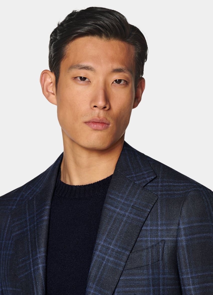 SUITSUPPLY All Season Wool Silk Linen by Carlo Barbera, Italy Navy Checked Tailored Fit Havana Blazer