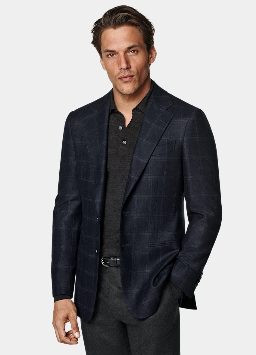 SUITSUPPLY Winter Wool Cashmere by E.Thomas, Italy Navy Checked Tailored Fit Havana Blazer