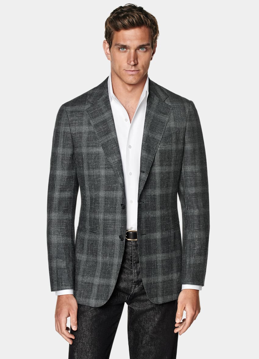 SUITSUPPLY All Season Wool Silk Linen by Carlo Barbera, Italy Grey Checked Tailored Fit Havana Blazer