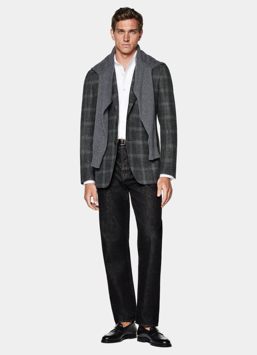 SUITSUPPLY All Season Wool Silk Linen by Carlo Barbera, Italy Grey Checked Tailored Fit Havana Blazer