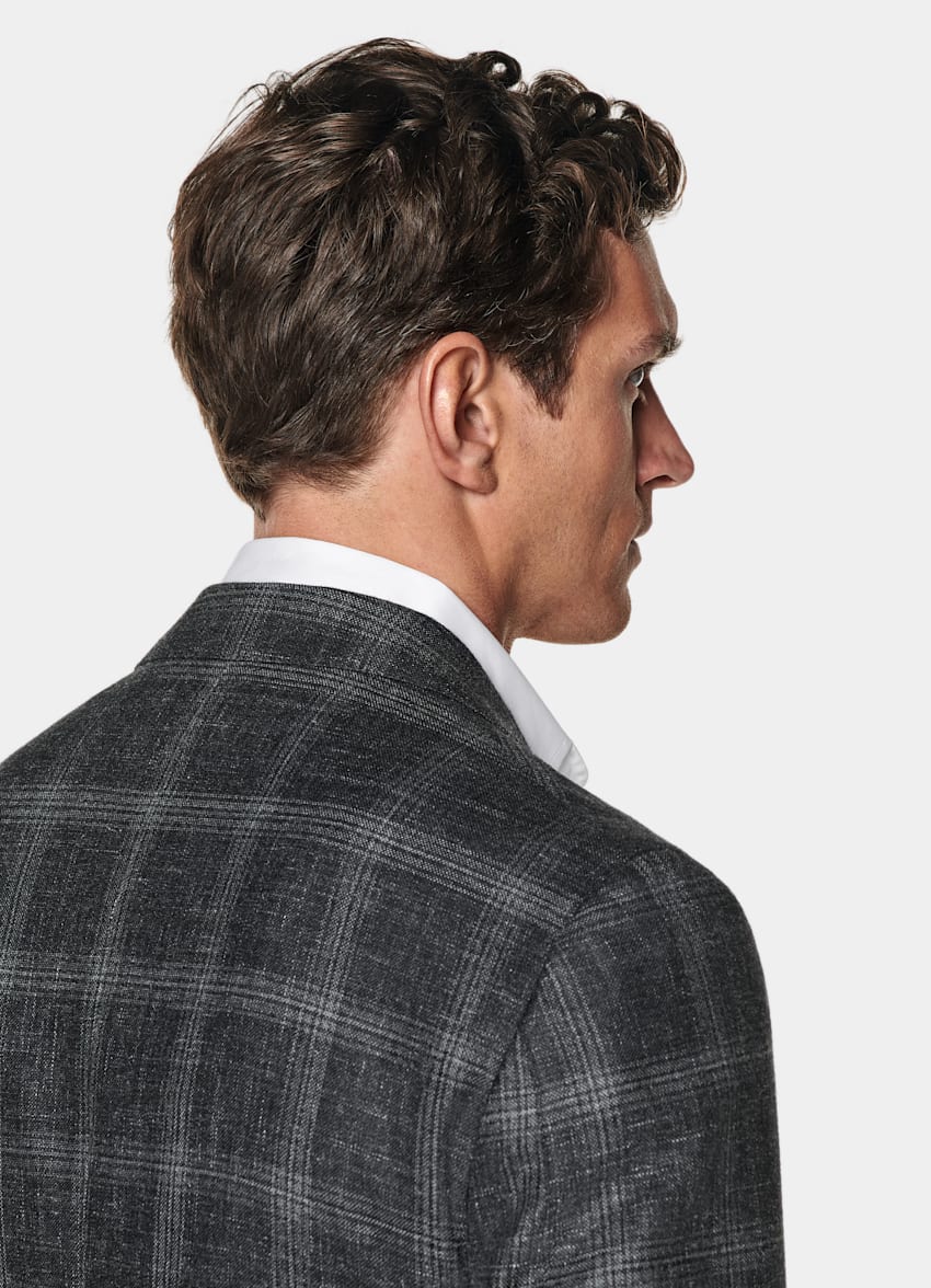 SUITSUPPLY All Season Wool Silk Linen by Carlo Barbera, Italy Grey Checked Tailored Fit Havana Blazer