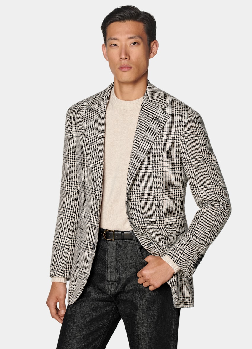 SUITSUPPLY Winter Wool Alpaca Silk by Ferla, Italy Black Checked Relaxed Fit Roma Blazer