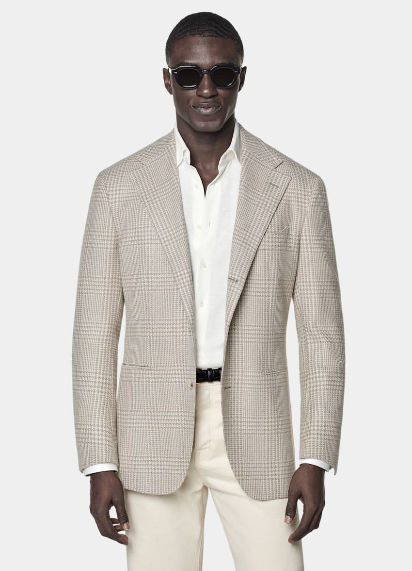 SUITSUPPLY Winter Wool Alpaca Silk by Ferla, Italy Sand Checked Relaxed Fit Roma Blazer