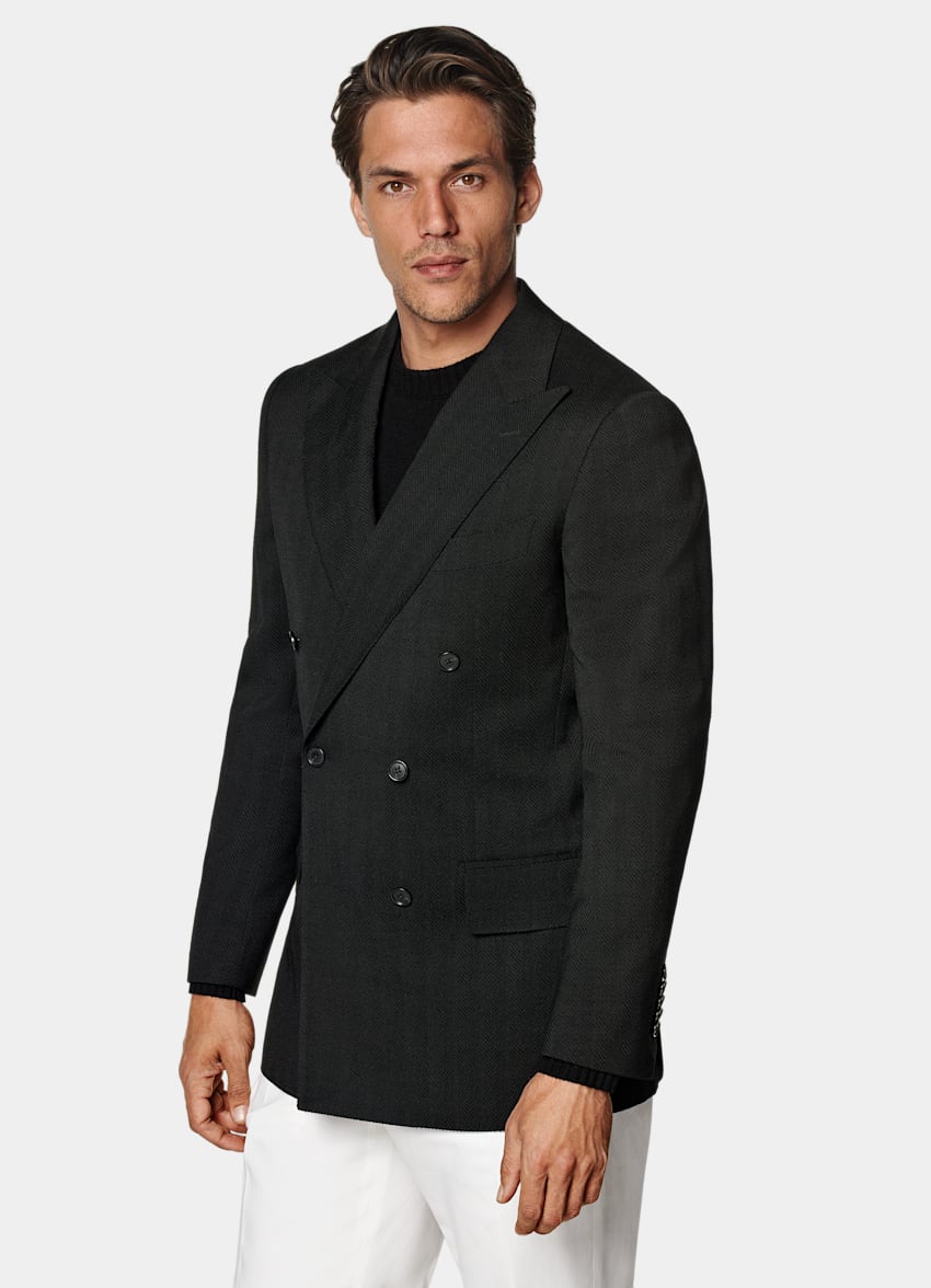 SUITSUPPLY Winter Stretch Wool Mohair by Delfino, Italy Black Herringbone Tailored Fit Milano Blazer