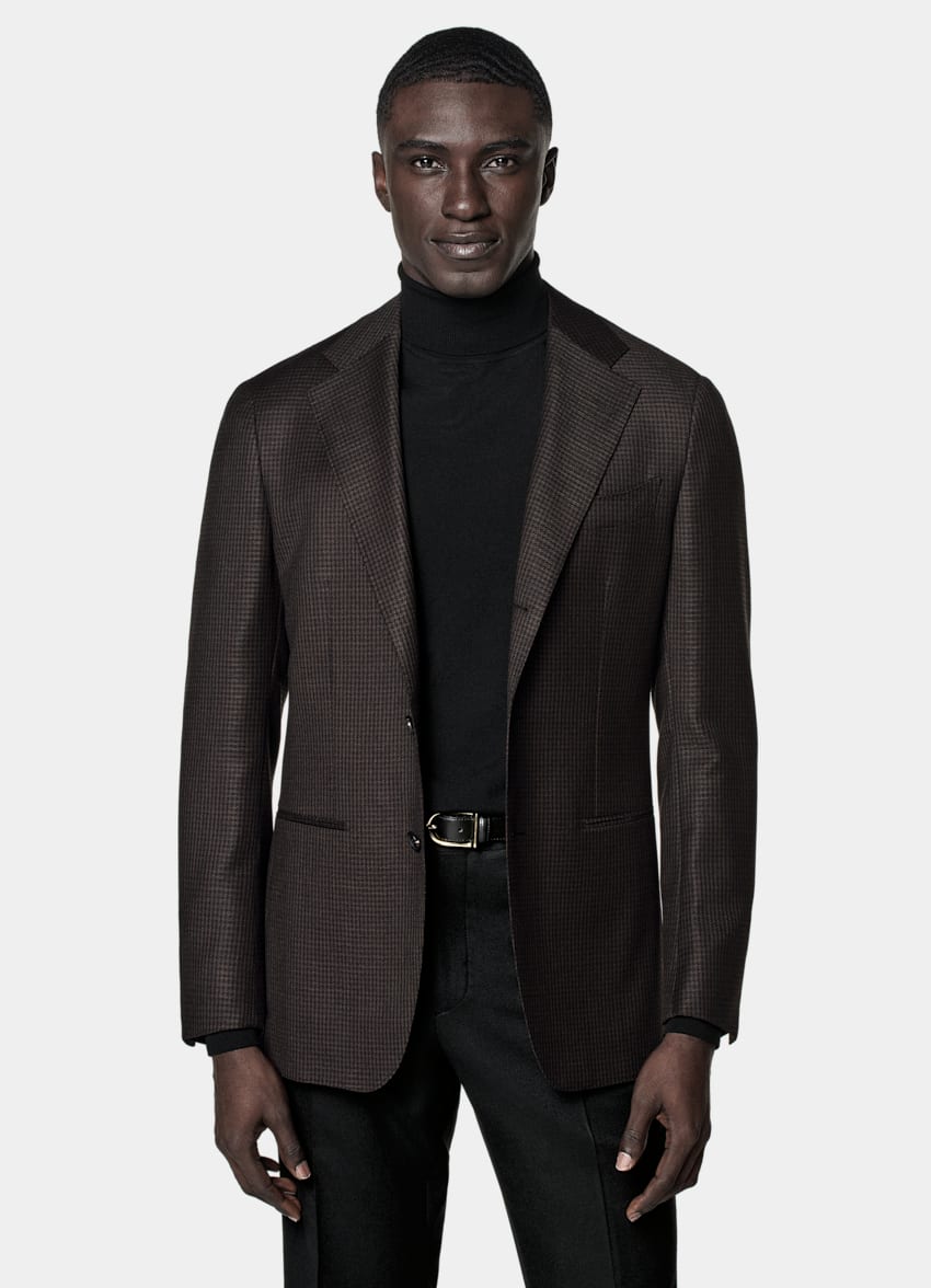 SUITSUPPLY Winter Wool Mohair by Delfino, Italy Dark Brown Houndstooth Tailored Fit Havana Blazer