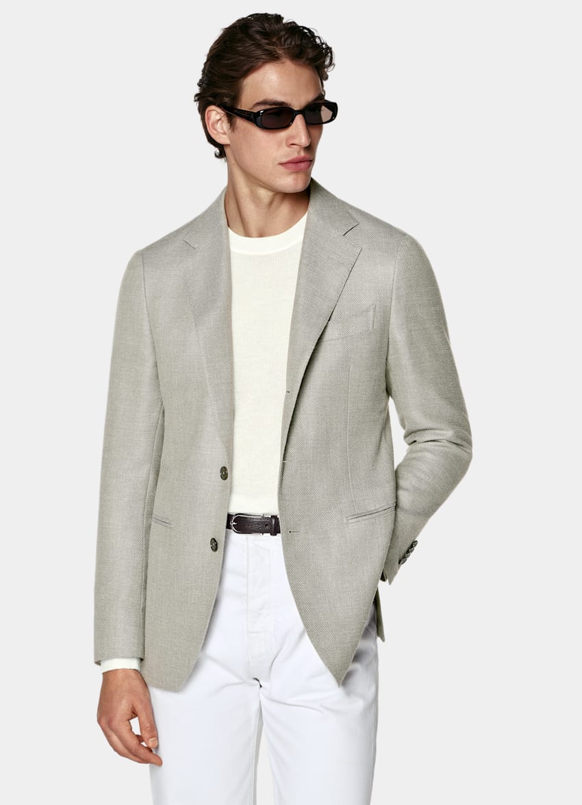 SUITSUPPLY Summer Wool Silk Linen Cashmere by E.Thomas, Italy Mid Green Tailored Fit Havana Blazer