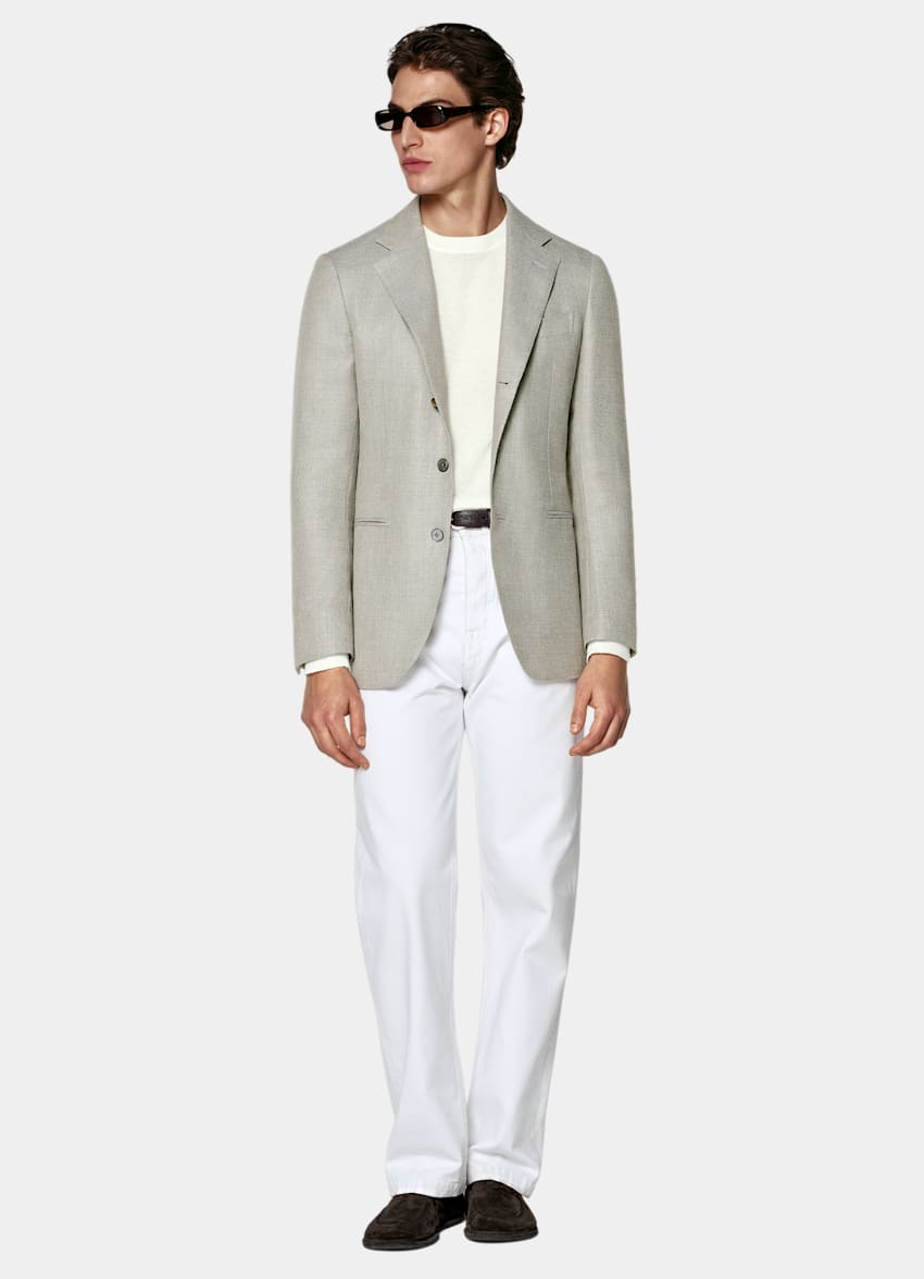 SUITSUPPLY Summer Wool Silk Linen Cashmere by E.Thomas, Italy Mid Green Tailored Fit Havana Blazer