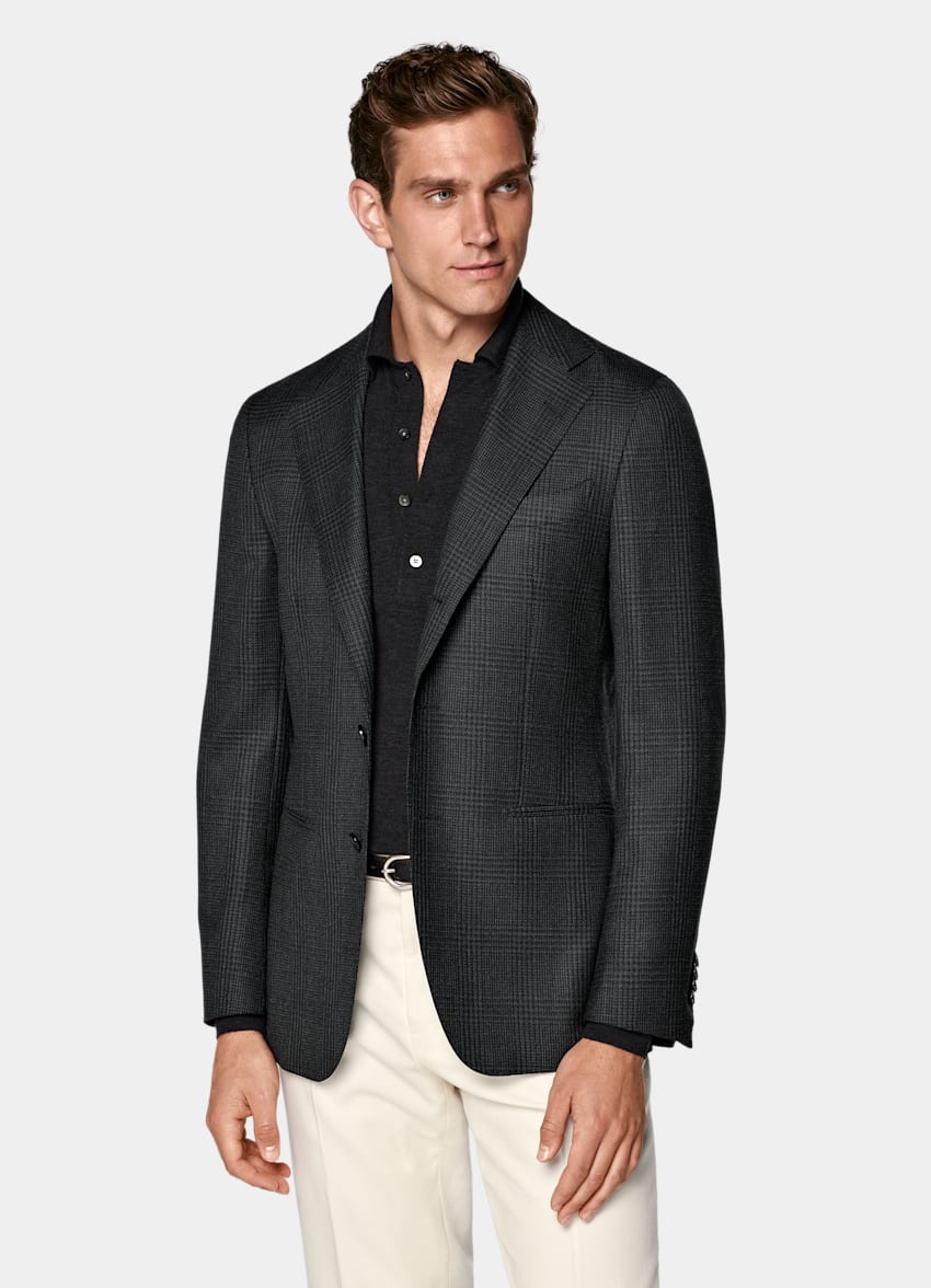 SUITSUPPLY Winter Pure S130's Wool by Drago, Italy Dark Grey Checked Tailored Fit Havana Blazer