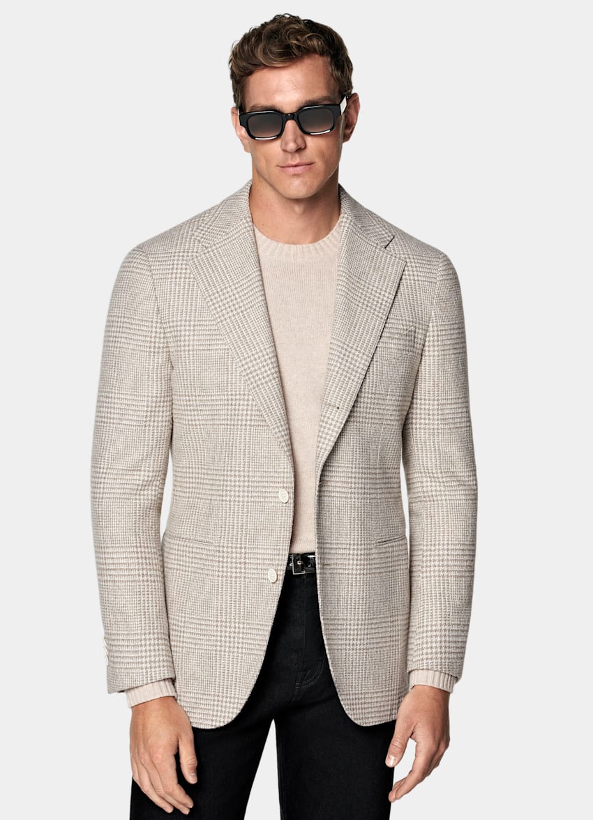 SUITSUPPLY Winter Alpaca Wool Cotton Polyamide by Ferla, Italy Sand Checked Relaxed Fit Roma Blazer