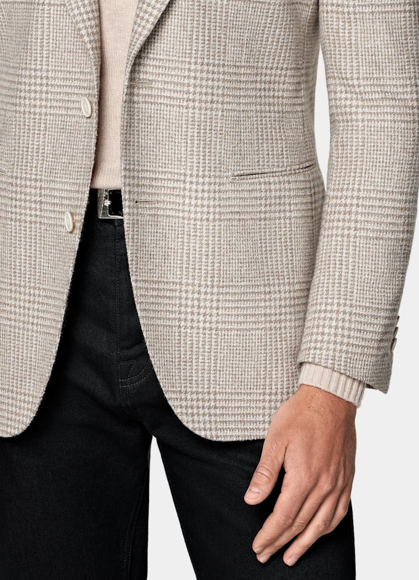 SUITSUPPLY Winter Alpaca Wool Cotton Polyamide by Ferla, Italy Sand Checked Relaxed Fit Roma Blazer