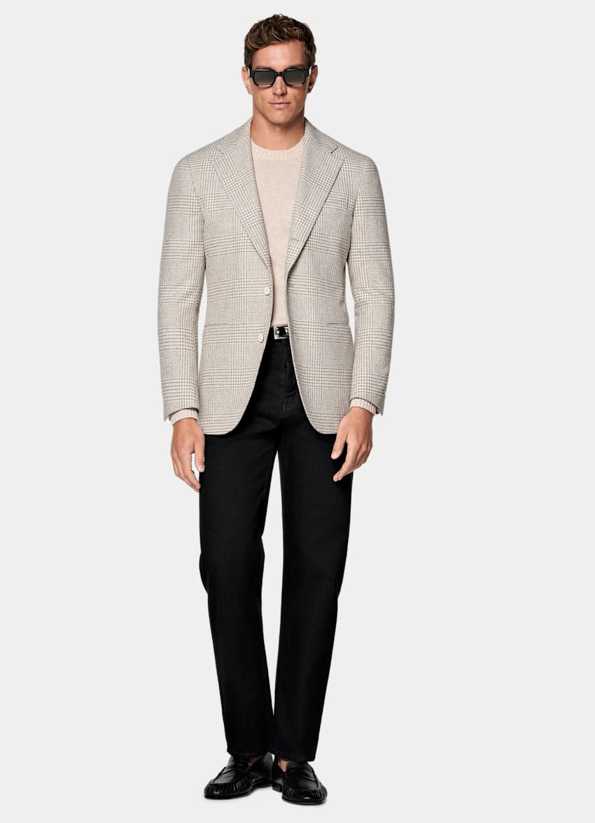 SUITSUPPLY Winter Alpaca Wool Cotton Polyamide by Ferla, Italy Sand Checked Relaxed Fit Roma Blazer