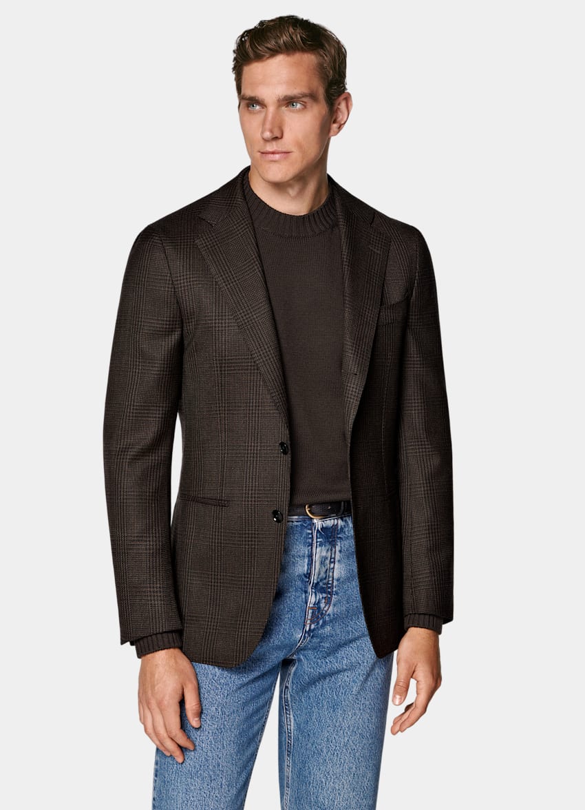 SUITSUPPLY Winter Pure S130's Wool by Drago, Italy Brown Checked Tailored Fit Havana Blazer