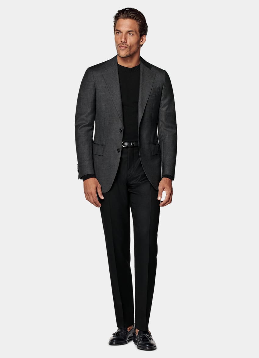 Dark grey blazer with black shirt top