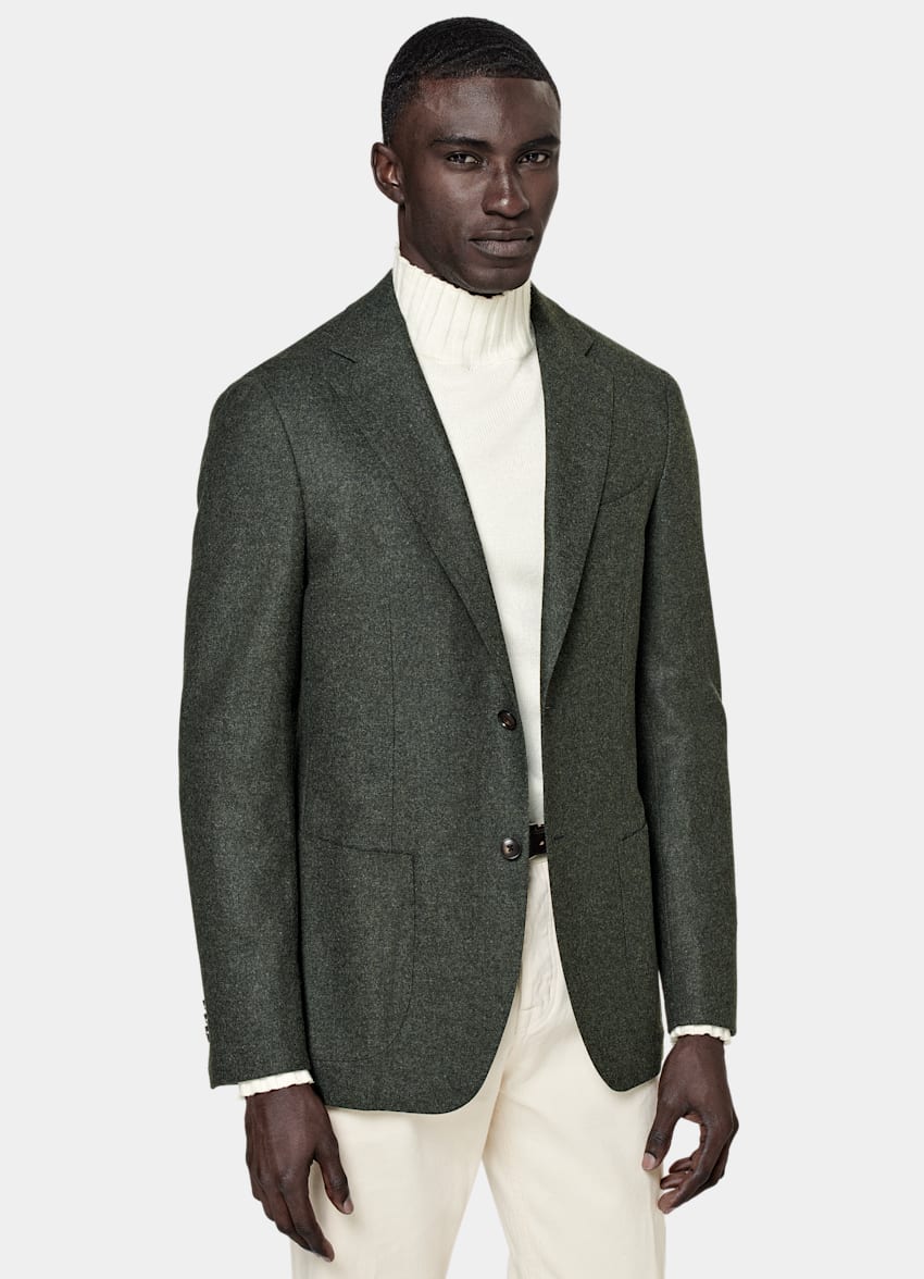 SUITSUPPLY Circular Wool Flannel by Vitale Barberis Canonico, Italy Dark Green Havana Blazer