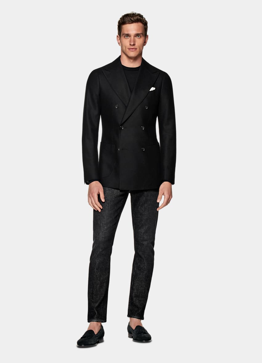 SUITSUPPLY Circular Wool Flannel by Vitale Barberis Canonico, Italy Black Tailored Fit Havana Blazer