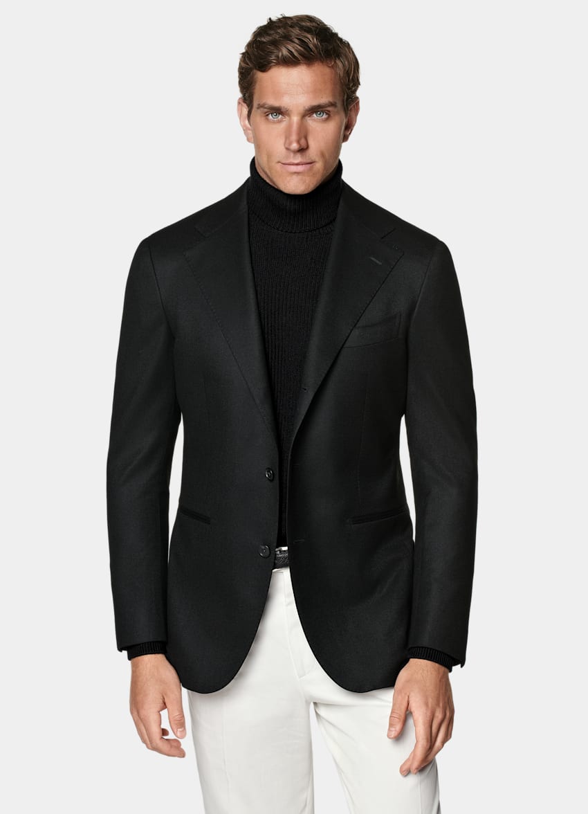 SUITSUPPLY Winter Pure S120's Wool Flannel by Vitale Barberis Canonico, Italy Black Relaxed Fit Roma Suit Jacket