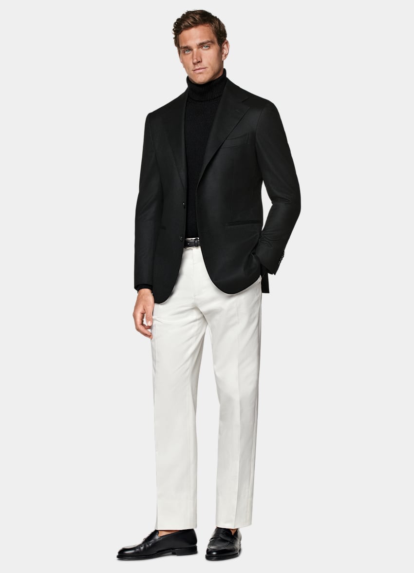 SUITSUPPLY Winter Pure S120's Wool Flannel by Vitale Barberis Canonico, Italy Black Relaxed Fit Roma Suit Jacket
