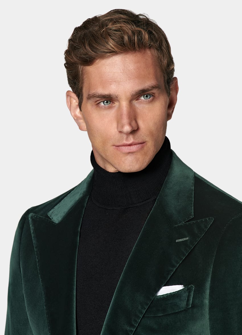 SUITSUPPLY Winter Stretch Cotton Velvet by Pontoglio, Italy Dark Green Tailored Fit Havana Dinner Jacket