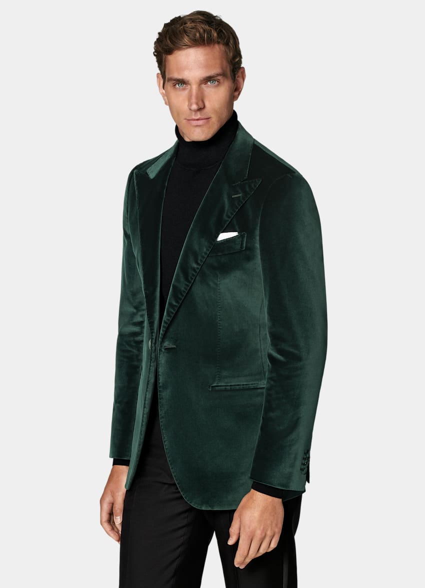 SUITSUPPLY Winter Stretch Cotton Velvet by Pontoglio, Italy Dark Green Tailored Fit Havana Dinner Jacket