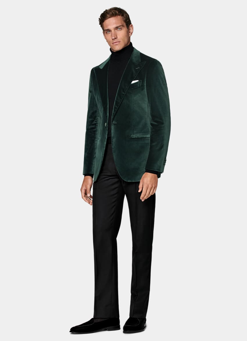 SUITSUPPLY Winter Stretch Cotton Velvet by Pontoglio, Italy Dark Green Tailored Fit Havana Dinner Jacket