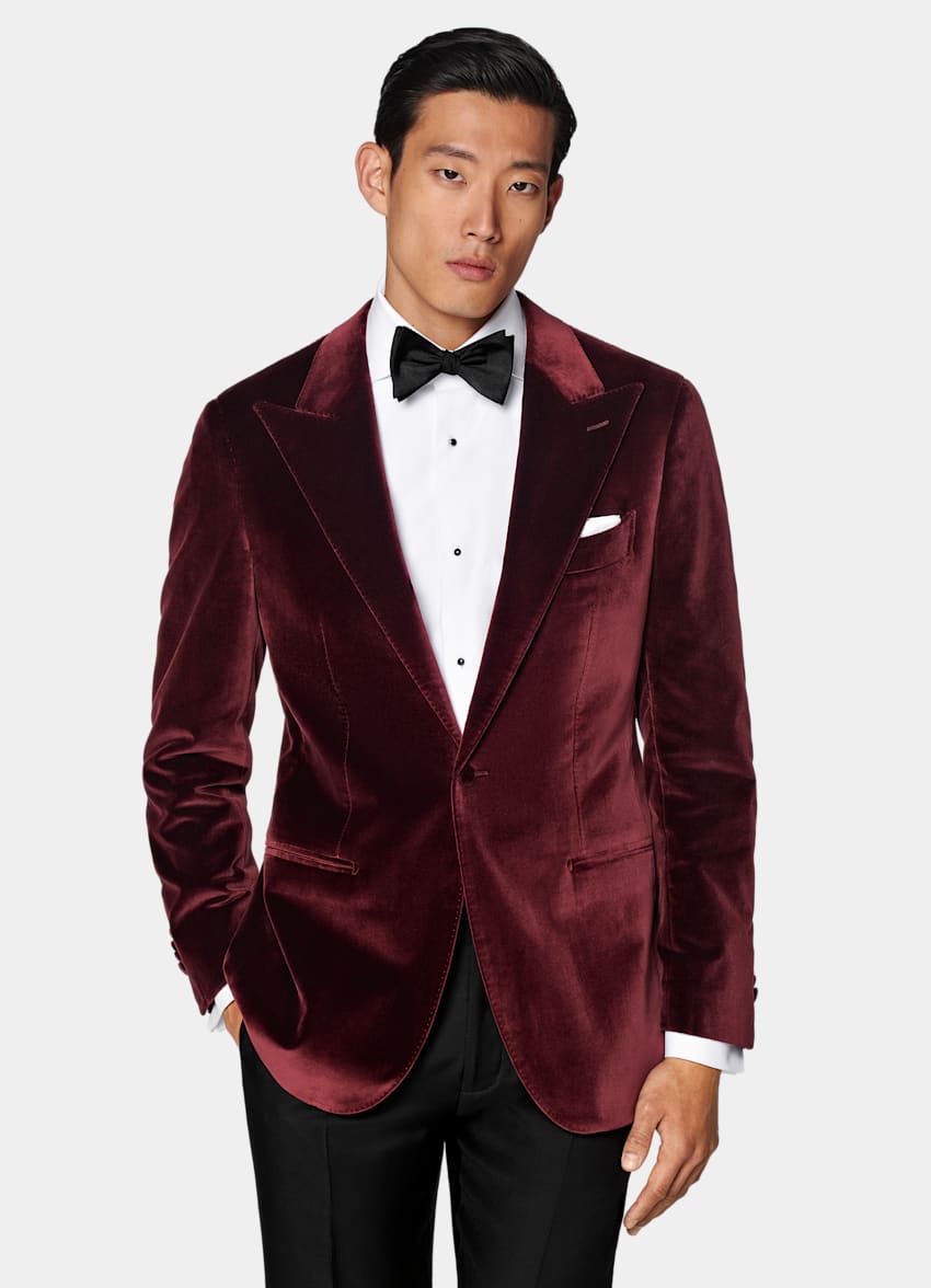 SUITSUPPLY Winter Stretch Cotton Velvet by Pontoglio, Italy Burgundy Tailored Fit Havana Dinner Jacket