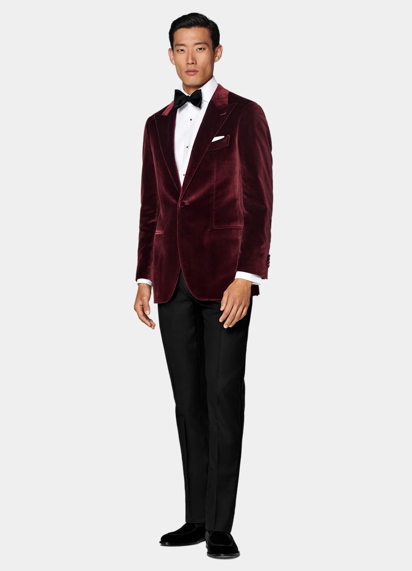 SUITSUPPLY Winter Stretch Cotton Velvet by Pontoglio, Italy Burgundy Tailored Fit Havana Dinner Jacket