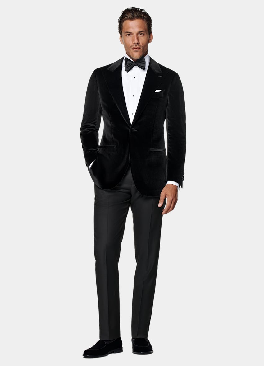 SUITSUPPLY Hiver Velours de coton stretch - Pontoglio, Italie Veste de smoking Havana coupe Tailored noire