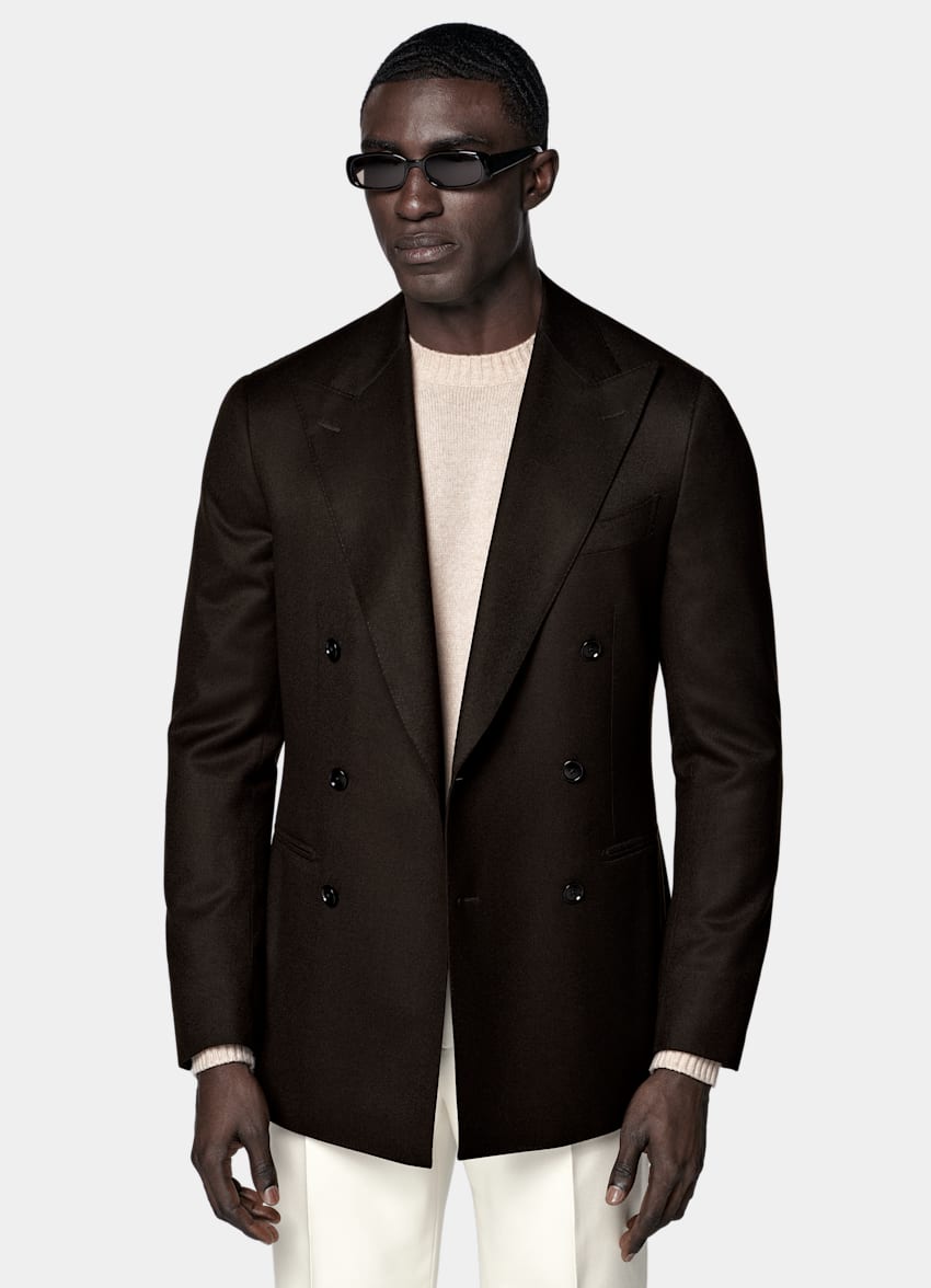 SUITSUPPLY Winter Pure S120's Wool Flannel by Vitale Barberis Canonico, Italy Dark Brown Tailored Fit Havana Suit Jacket