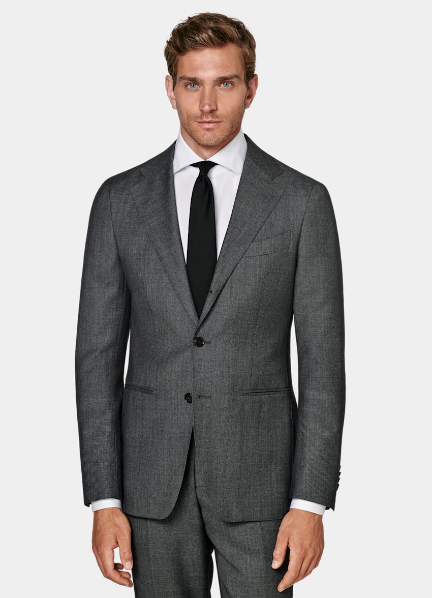 SUITSUPPLY Pure S130's Wool by Vitale Barberis Canonico, Italy Dark Grey Bird's Eye Havana Suit Jacket