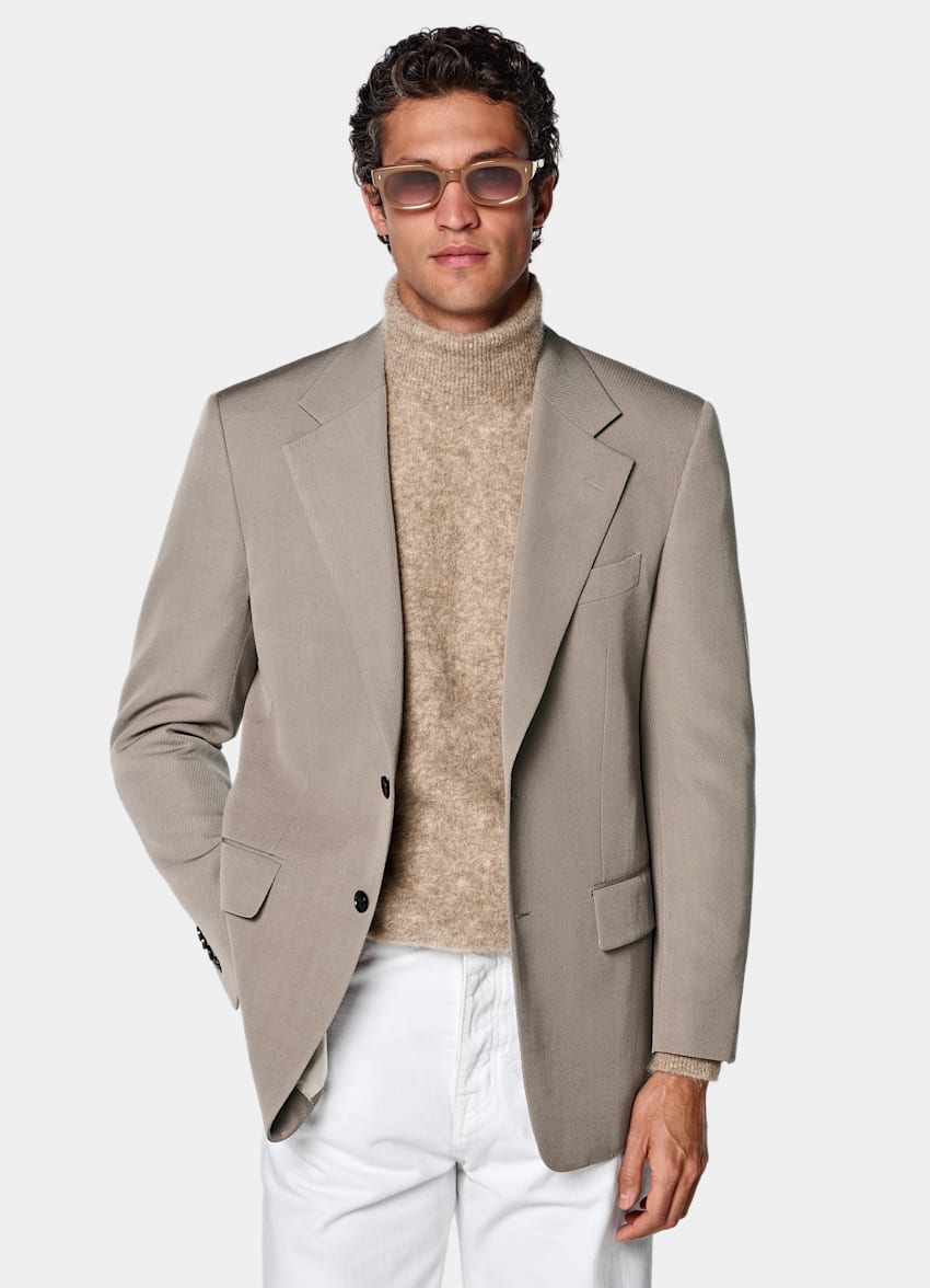 SUITSUPPLY All Season Wrinkle-Free 4-Ply Wool by Rogna, Italy Mid Taupe Relaxed Fit Roma Suit Jacket