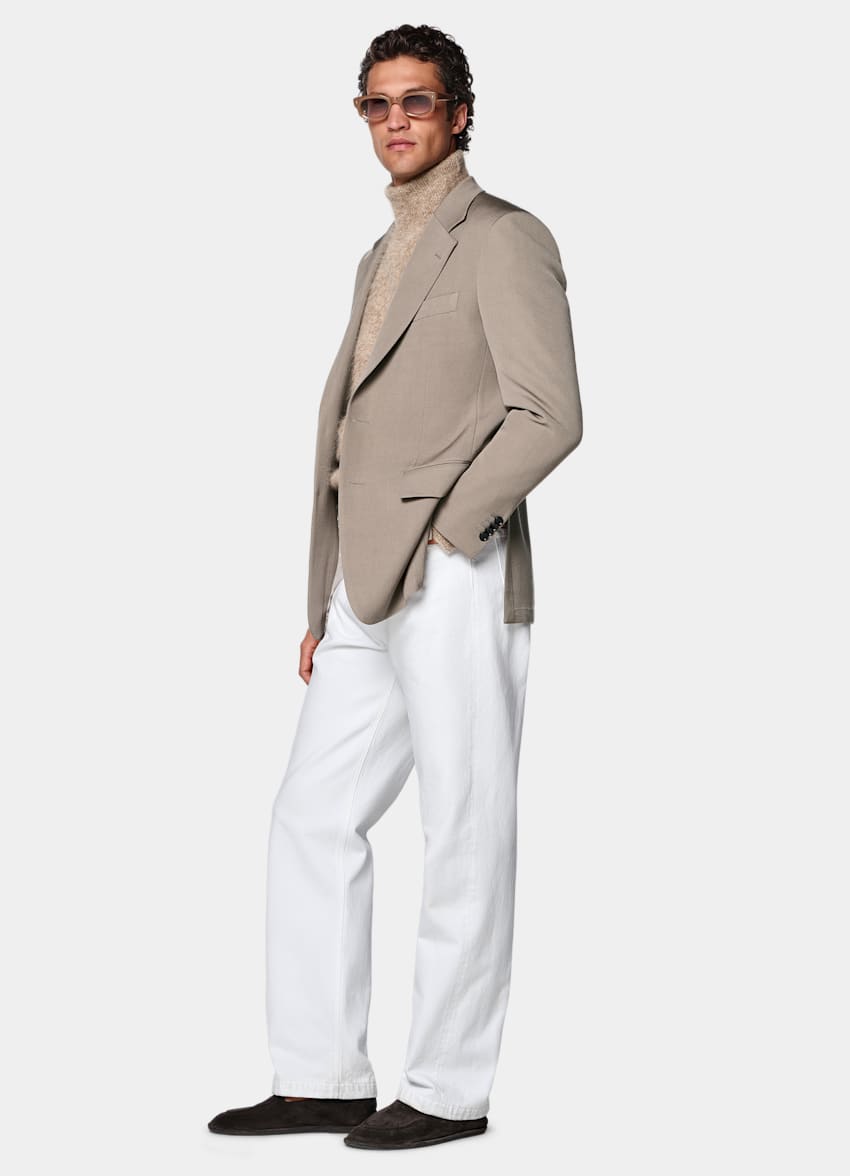 SUITSUPPLY All Season Wrinkle-Free 4-Ply Wool by Rogna, Italy Mid Taupe Relaxed Fit Roma Suit Jacket