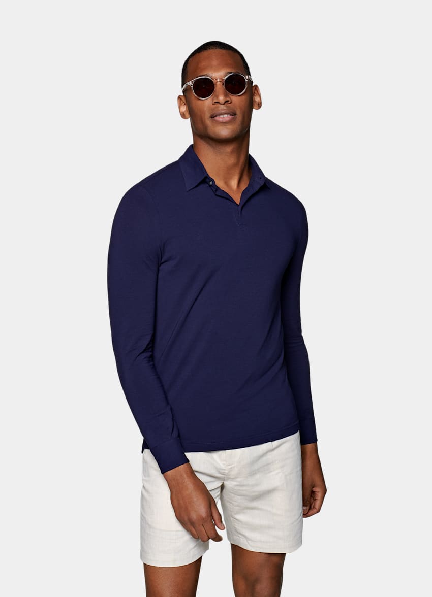 SUITSUPPLY Californian Supima Stretch Cotton Blue Long Sleeve Polo Shirt 